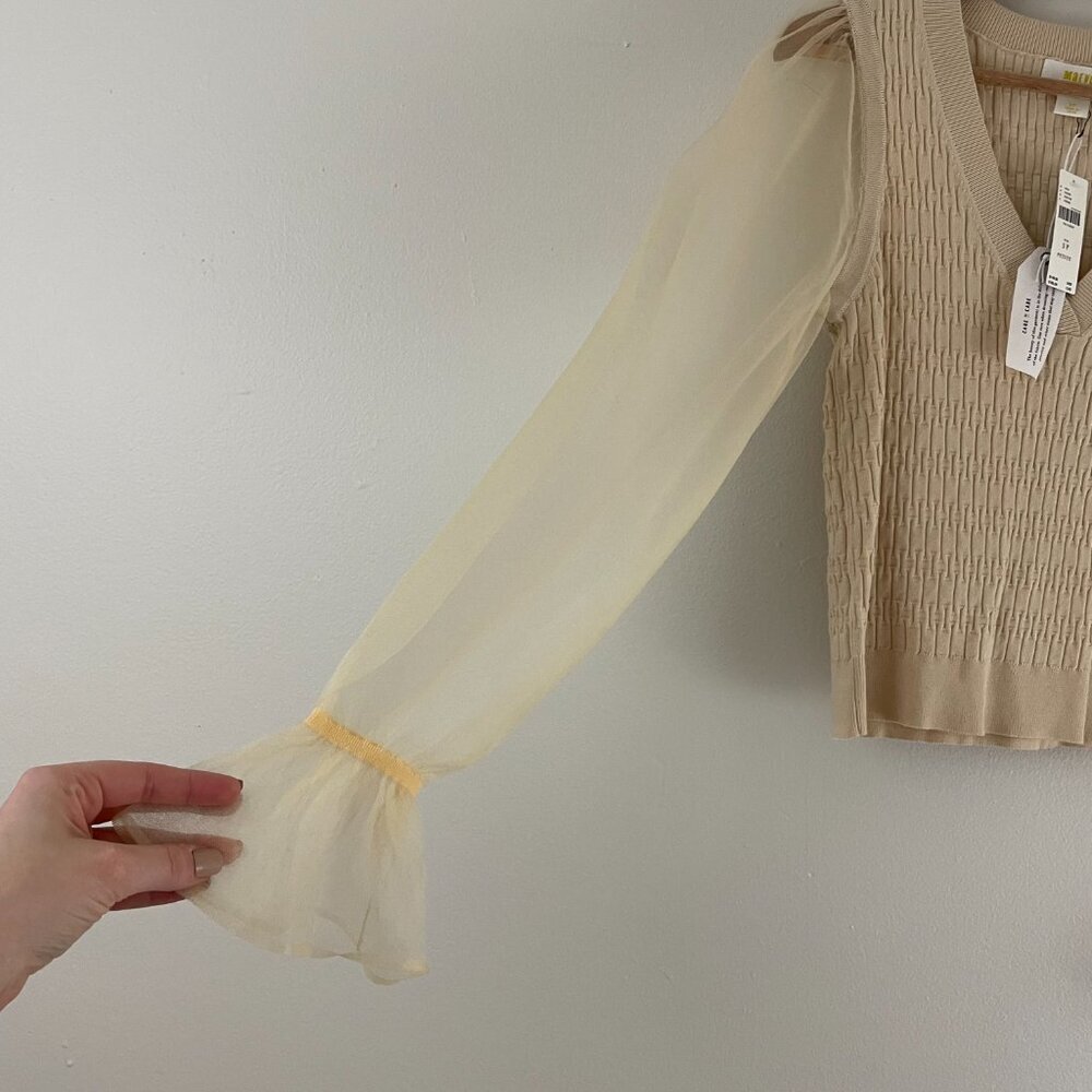 Anthropologie Maeve Sheer Organza Sleeve Cream Knit Top Size Small Petite - Picture 5 of 5
